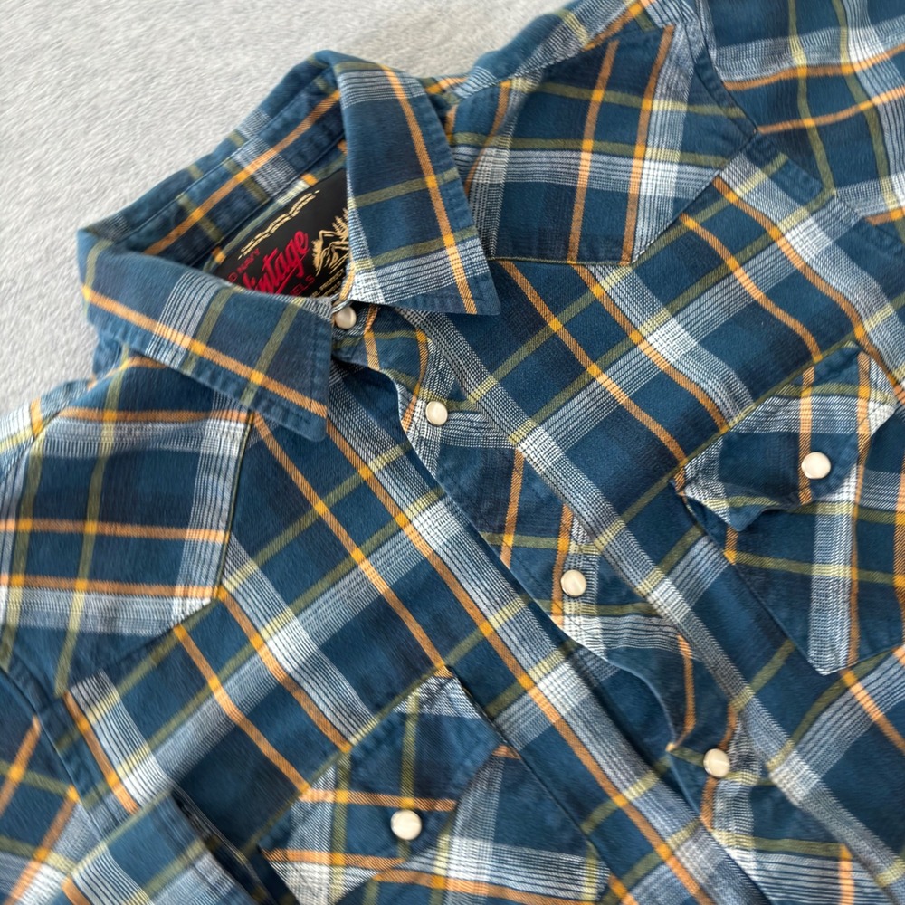 Old Navy Vintage Flannels Mens Large Navy Blue Plaid Western Snap Button Shirt
